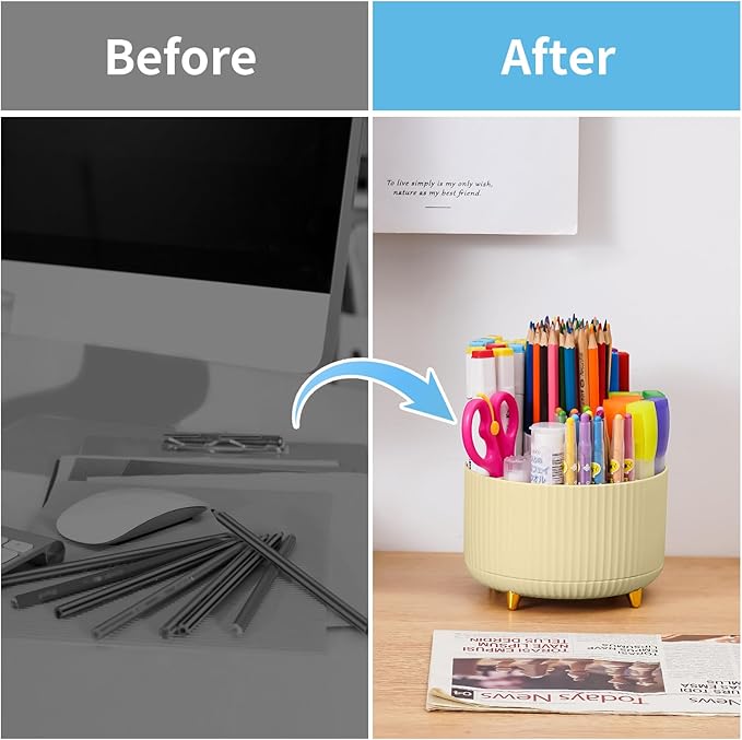 Marbrasse Desk Organizer, 360-Degree Rotating Pen Holder for Desk, Desk Organizers and Accessories with 5 Compartments Pencil Organizer, Art Supply Storage Box Caddy for Office, Home (Yellow)