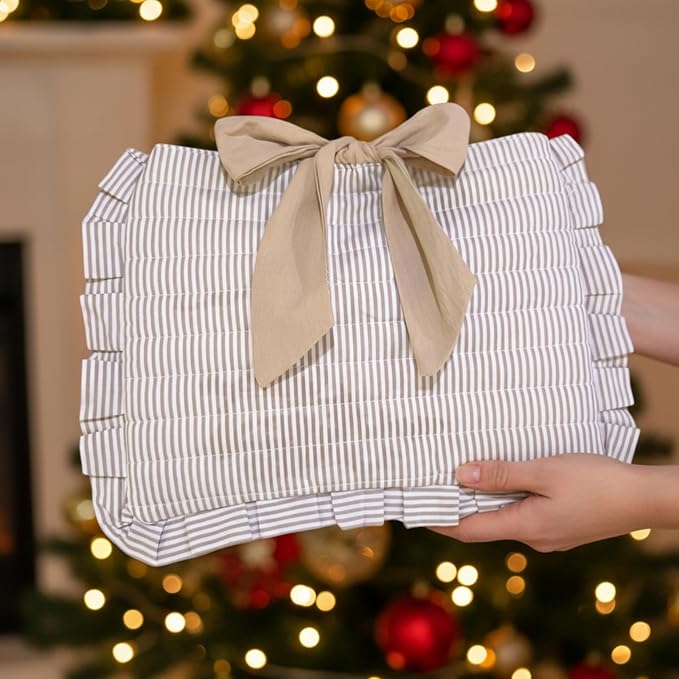 Honoson Quilted Bow Bible Sleeve Book Cover Case Padded Protector Washable Bible Bag Pouch Christian Gift for Women Girls Book Lover Gifts (Khaki Striped)