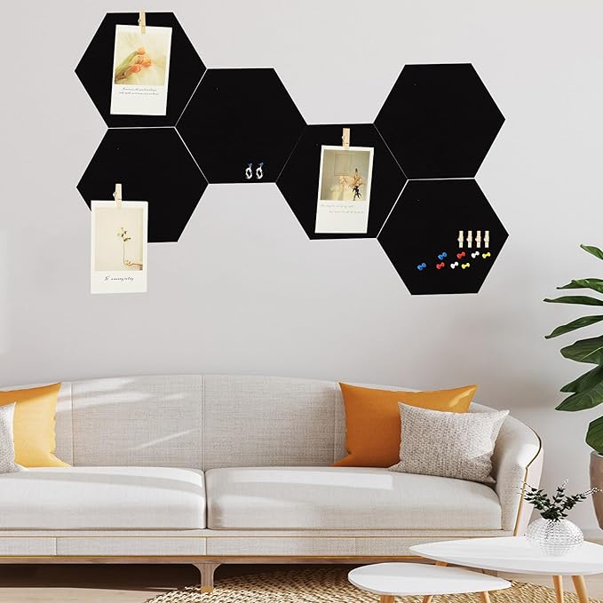 6Pcs Black Hexagon Bulletin Board Strips,Black Felt Pin Board Bar Strips with 50 Pushpins, Self-Adhesive Felt Cork Board Strips for Wall to Display Your Notes, Photos, Schedules