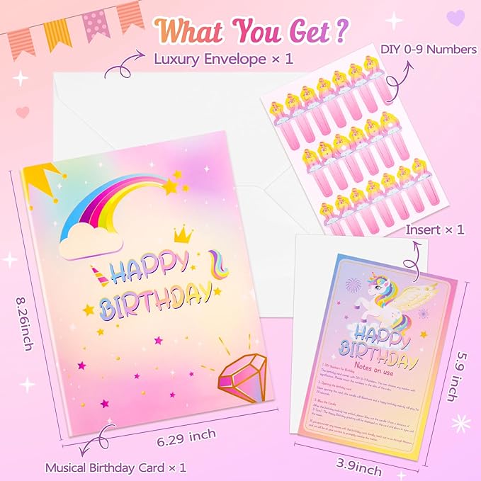 Birthday Card with Light&Music,Unicorn 3D Pop up Greeting Cards with Blowable Candle Birthday Gifts for Women Girls Daughter Sister Kids-With 0-9 DIY Number