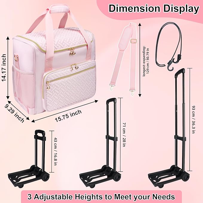 Rolling Teacher Tote Bag with Detachable Trolley, Wheeled Teacher Bag with 15 Inch Laptop Compartment, Soft Nylon Multifunctional Tote Bag with Wheels for Teaching& Office Supplies (Pink)