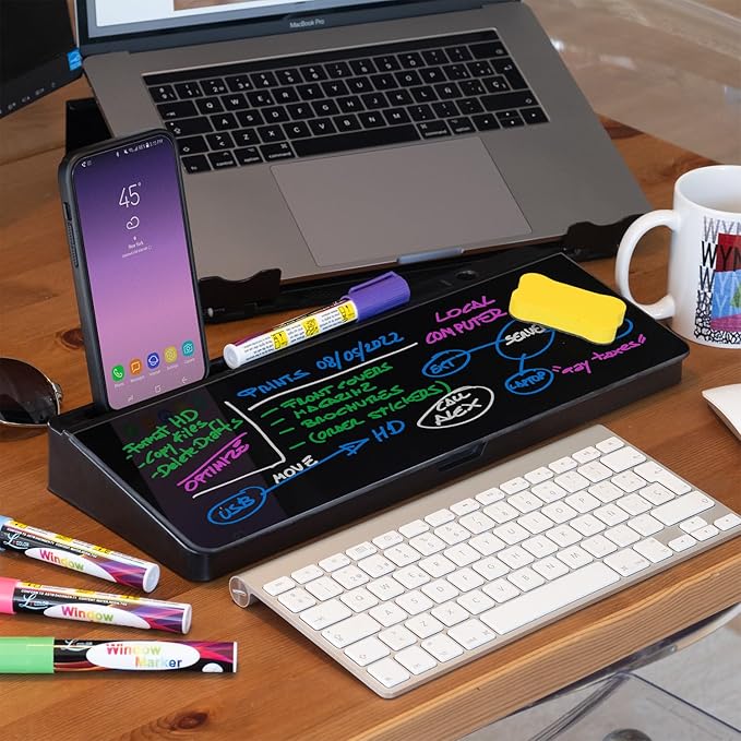 Desktop Whiteboard - Glass Dry Erase White Board - Desk Computer Buddy – Home Office & Studying Essentials - with Phone & Tablet Slot, Storage - Includes 4 Markers, 1 Eraser, Black (2 Pack)