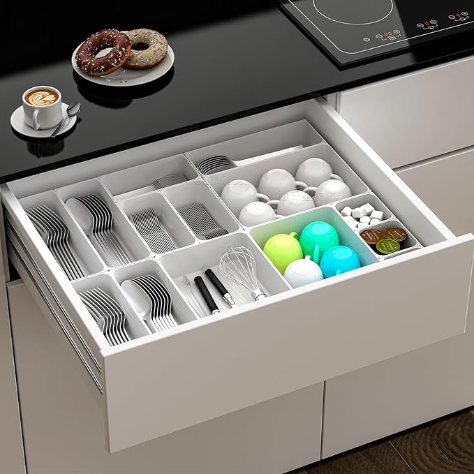 Home Edit 13-Piece Plastic Drawer Organizer Set with Non-Slip Silicone Pads, White - 5-Size Utility Tray and Storage Containers for Bathroom, Desk or Vanity Makeup Drawer