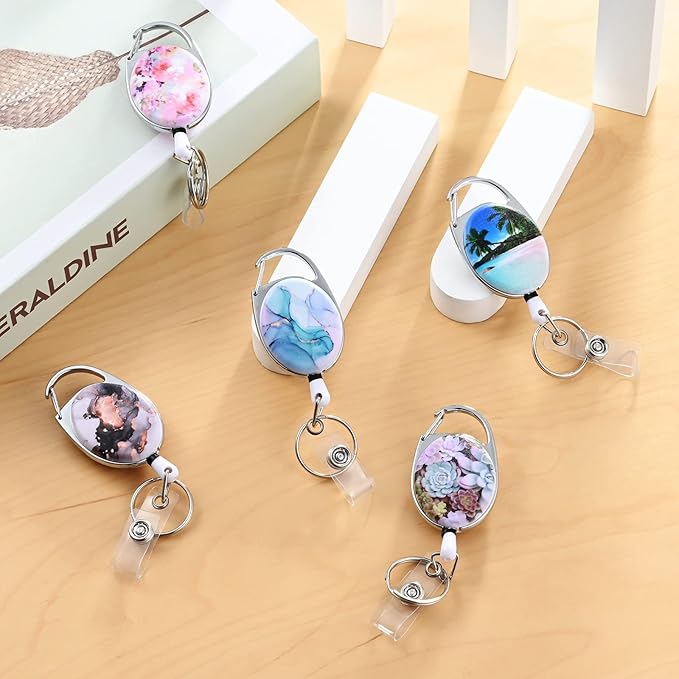 Badge Reels Retractable,Double Sided Color Print Pattern Retractable Badge Holders,with Retractable Keychain, Badge Clip and Key Ring,Durable Nylon Retractable Rope,White Flower