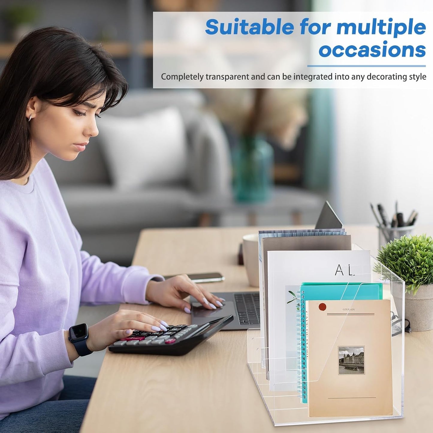 Suzile Clear Acrylic Magazine File Holder with Vertical Compartments Desk Organizer Book Rack for Desk Sorter Paper Folder Office Accessories (Groovy,15.75 x 9.45 x 8.86 Inch)