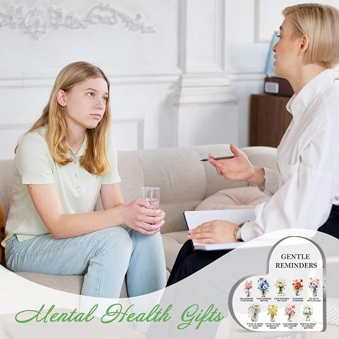 Gentle Reminders Decor, Positive Affirmations Desktop Art Decorations for Home Therapy Office School Counselling Office Mental Health Awareness Gifts, Heart Shape Acrylic Flowers Sign Decor