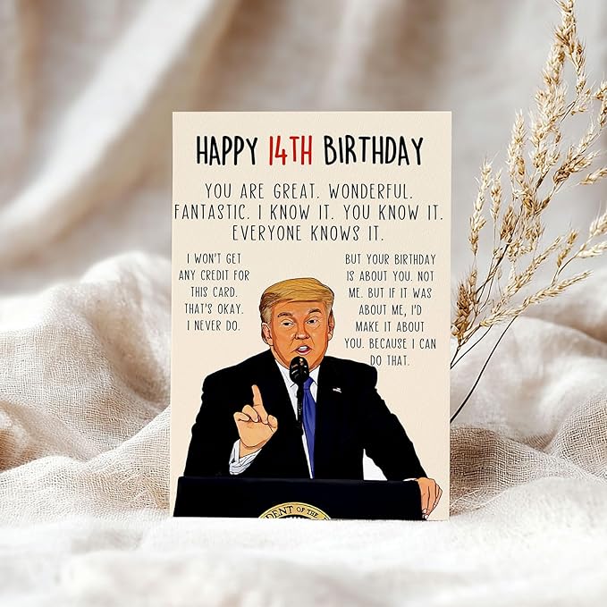 Funny Trump 14th Birthday Card for Boy Girls, Best 14 Year Old Birthday Gift for Son Daughter, Unique Birthday Decorations for Grandson Granddaughter, Coolest Trump Birthday Card for Him Her