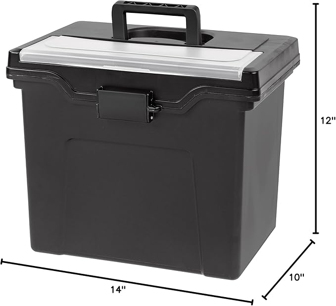 IRIS USA File Box with Lid File Organizer for Letter File w/ Organizer-Lid, Plastic Mobile Filing Organizer, Water Resistant Document Box, Portable File Box with Handle, Secure Buckle, Lockable, Black