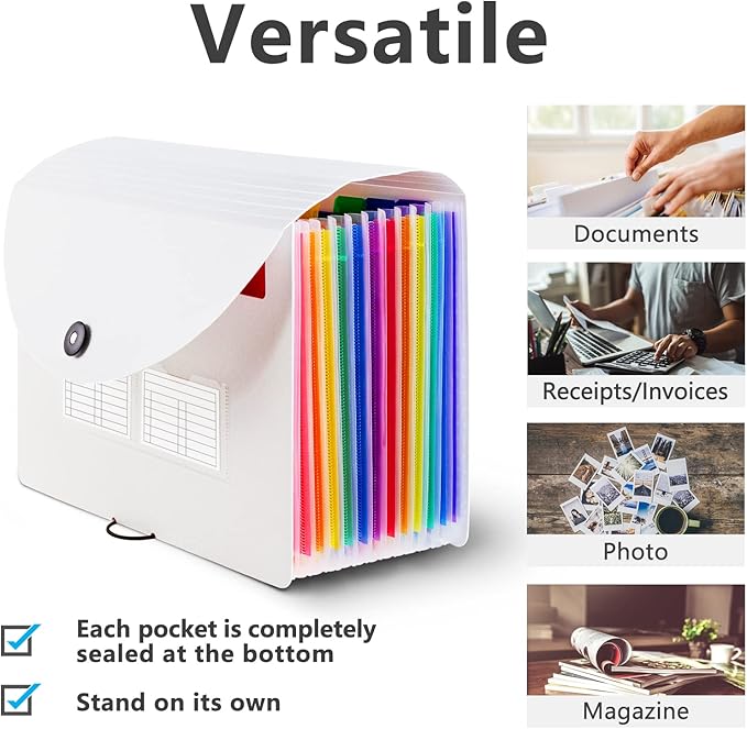 Sooez Accordion File Organizer, 12 Pockets Expanding File Folder, Portable Monthly Paper Bill Tax Receipt Organizer, Letter A4 Size Document Holder with Blank Labels, White