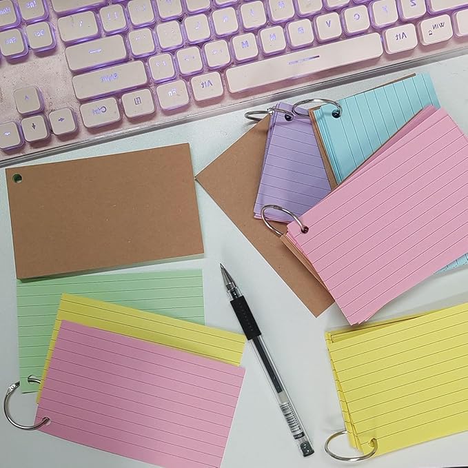 250 PCS Lined Colored Index Flashcards, 3x5 Inches Flash Cards with Ring, with Ring Lined Flashcards, Colored Index Cards, Punched Lined Study Cards, Colored Heavy NotecardsWith Ring