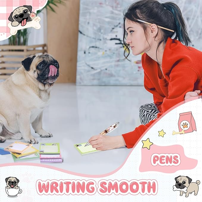 Ireer 8 Pcs Ballpoint Pens for Women 1.00 mm Cute Black Ink Fancy Pens Fine Point Smooth Writing for Journaling Aesthetic Office Supplies(Pug)