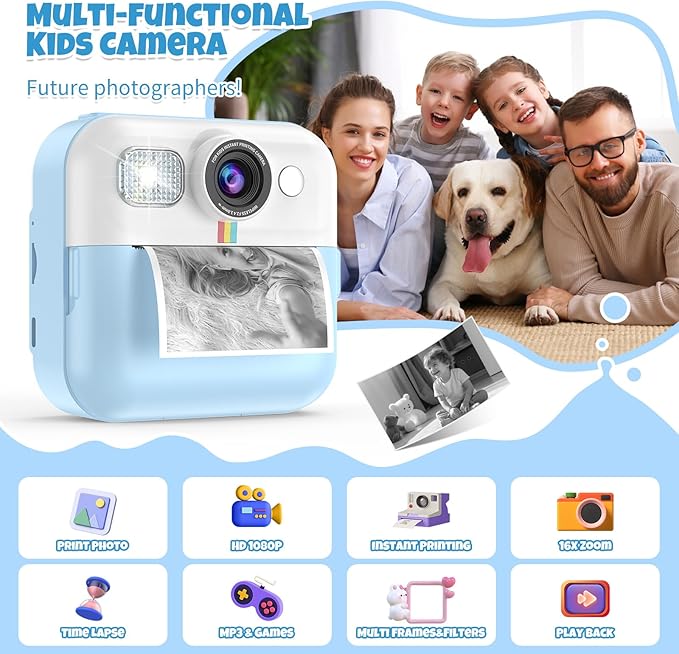 Kid Camera for Boys,Portable Toddler Blue Printing Camera Toy 1080P Video Cameras Children Instant Print Camera for Kids 3 Print Paper & 32G Card Christmas Birthday Gifts(Blue)