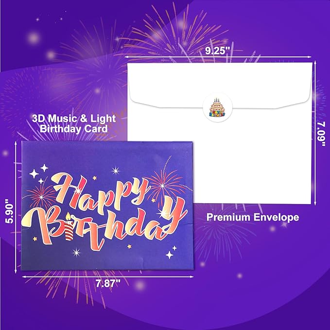 Musical Birthday Card, Pop up 3D LIGHTS & SOUND Firework Happy Birthday Decorations Greeting Cards for Women With Envelopes Purple