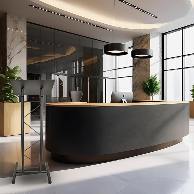 Kingdom KML8CB All Metal-Constructed Curved Lectern with “H” Style Base, Stand up Church Pulpit, Slanted Lectern, Conference Podium for Speakers, Speeches, Other Occasions, Powder Coat Finish Black