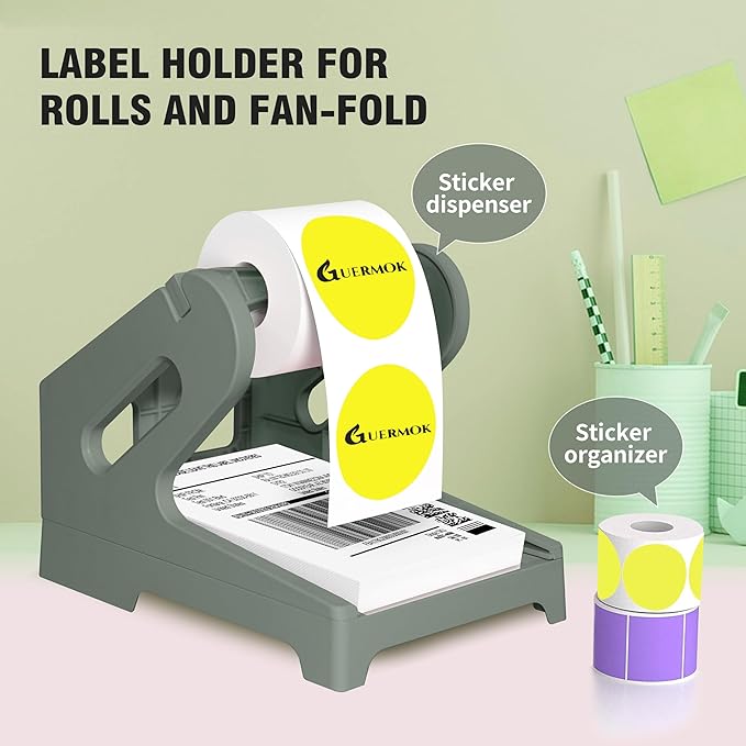Guermok Thermal Shipping Label Holder for Rolls & Fan-Fold, Fragile Stickers for Shipping, Label Stand Desktop Printer Holder-Home Office Accessory Sticker Dispenser for Holographic (Gray)