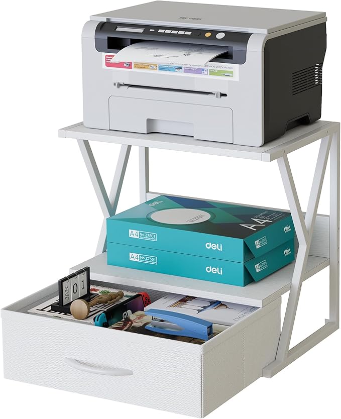 aboxoo Printer Stand for Desk with Storage Drawer, 2 Tier Desktop Or Under Desk Shelf, Multi-Purpose Desk Organizer for Home Office, fit Fax Machine/3D Printer/Scanner, White