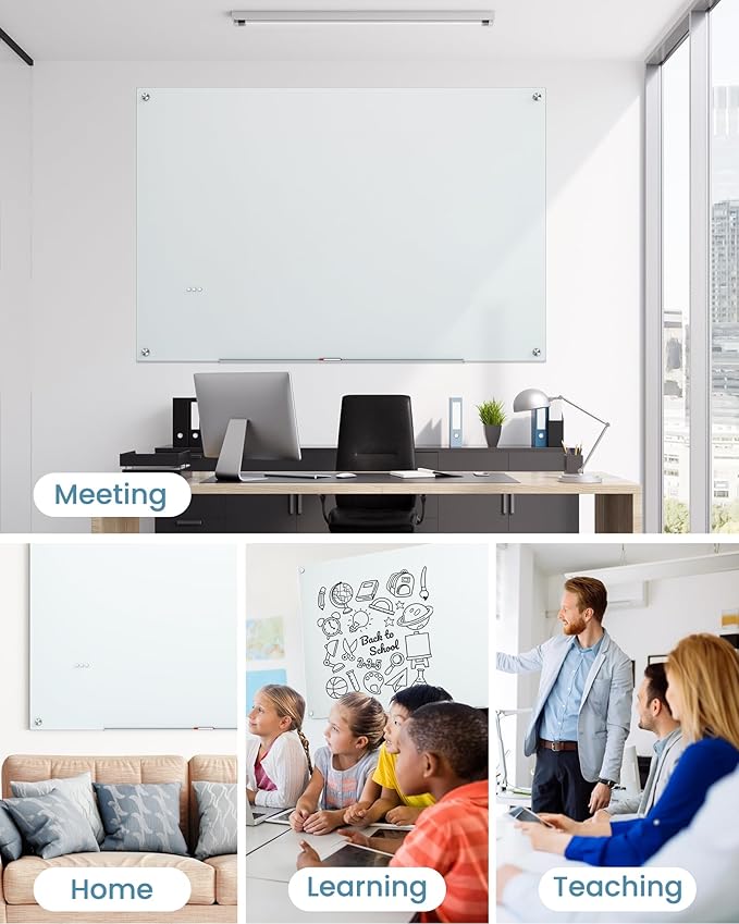 VUSIGN Glass Whiteboard 48" x 72" Magnetic Dry Erase for Office School, Home, Frameless Mounting, Includes 4 Magnets, 2 Markers and 1 Erasers
