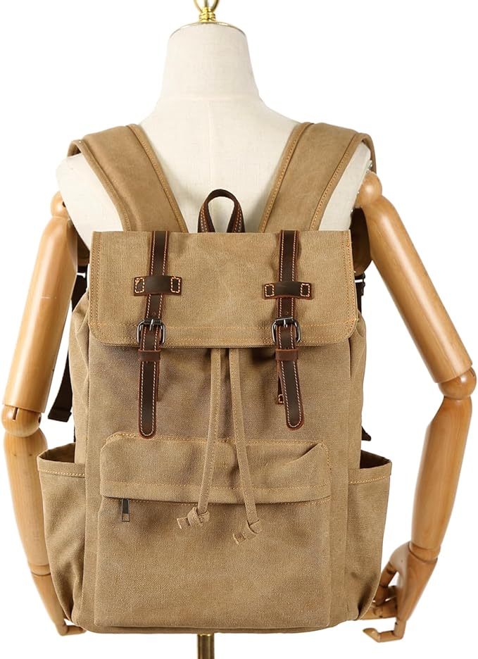 HuaChen Vintage Canvas Backpack, Mens Travel Rucksack for Laptop Hiking Bag (M83_Khaki)