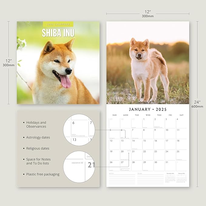 Red Robin 2025 Shiba Inu Monthly Wall Calendar | 12" x 24" Open | Premium Thick & Sturdy Paper | Hangable 12 Month Calendar | Plastic Free | 4 Month Transition Page for 2024