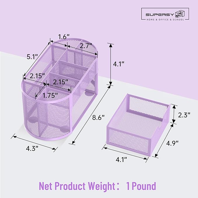 SUPEASY Mesh Desk Organizer, Desk Accessories & Workspace Organizers with Drawers, Pencil Holder for Desk with 9 Compartments for Office Suppliess, 8.6 x 4.3 x 4.1 Inch, Purple