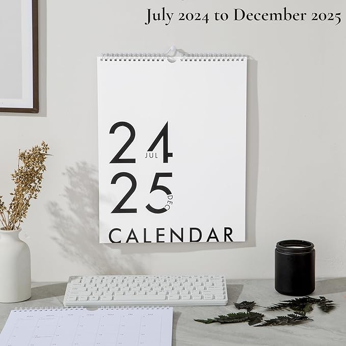 Modern Vertical Wall Calendar 2024-2025 - 18 Month Calendar July 2024 - December 2025, 11x13.5 Inches Sleek Black & White Design with Spiral Twin-Wire Binding