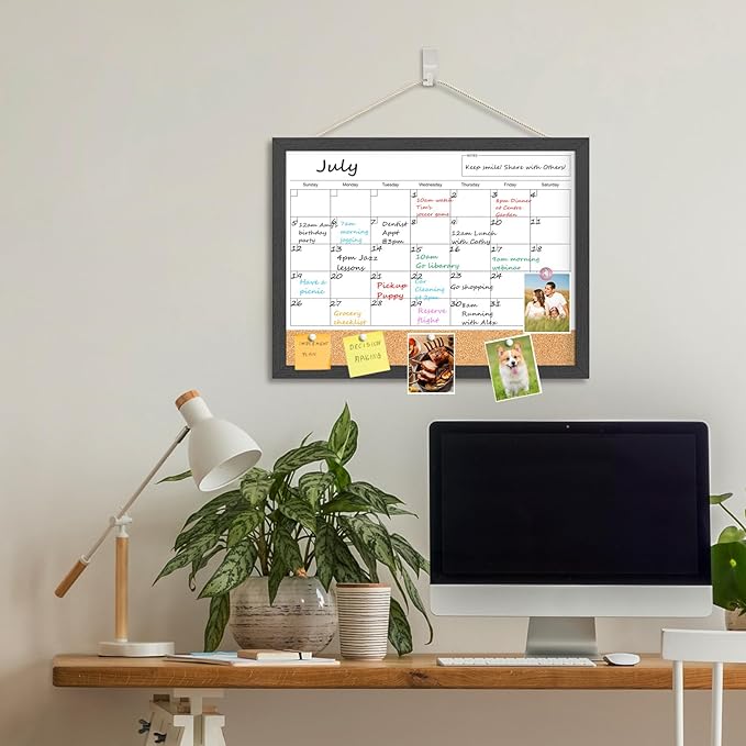 Dry Erase Calendar for Wall, 17"x13" Dry Erase Calendar Cork Board Combo, Magnetic White Board Monthly Calendar with Wood Framed, Hanging Dry Erase Board for Planner Office Kitchen Home Memo