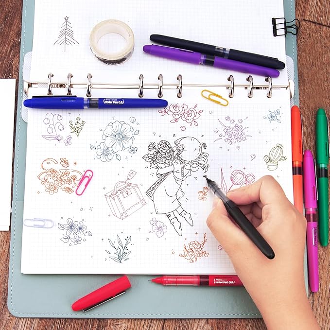 WRITECH Liquid Ink RollerBall Pens Quick Dry Ink 0.5 mm Extra Fine Point Pens 8 Pcs Rollering Pens Assorted Colors Ink for Writing, Taking Notes & Sketching (Multicolor)