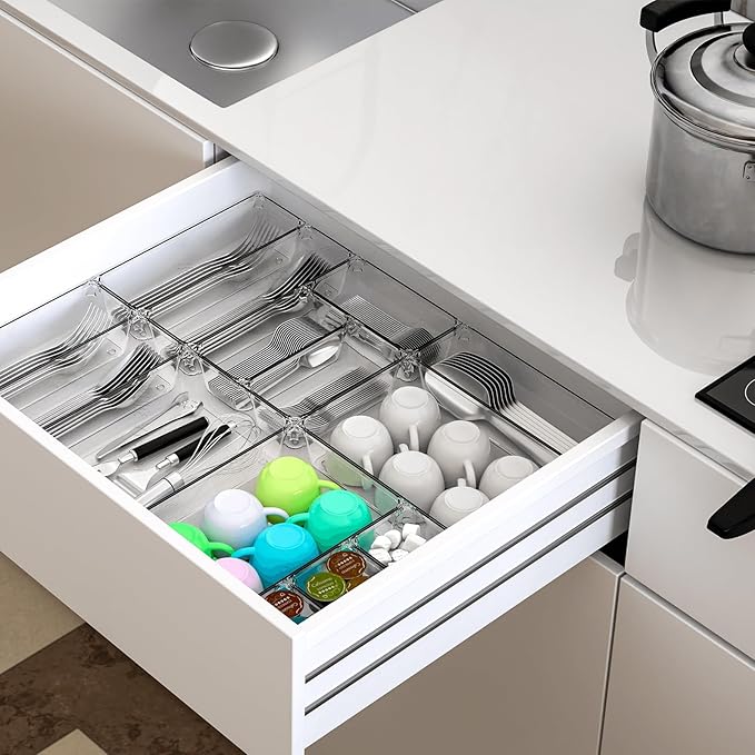 60 Pcs Clear Plastic Drawer Organizer Set,5 Size Small Storage Containers for Organizing Jewelry,Utensil,Junk,Tea,Makeup,Shallow Drawer Organizers Tray Suitable for Office,Desk,Bathroom,Vanity,Kitchen