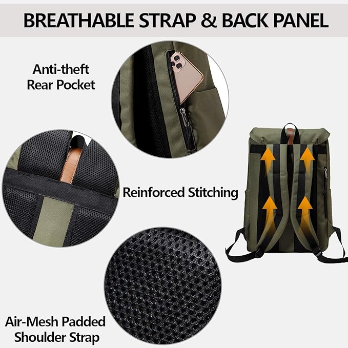 Kasqo Backpack for Men and Women, 15.6 Inch Laptop Backpack Large Capacity Water Resistant Drawstring Flap Bag, Green