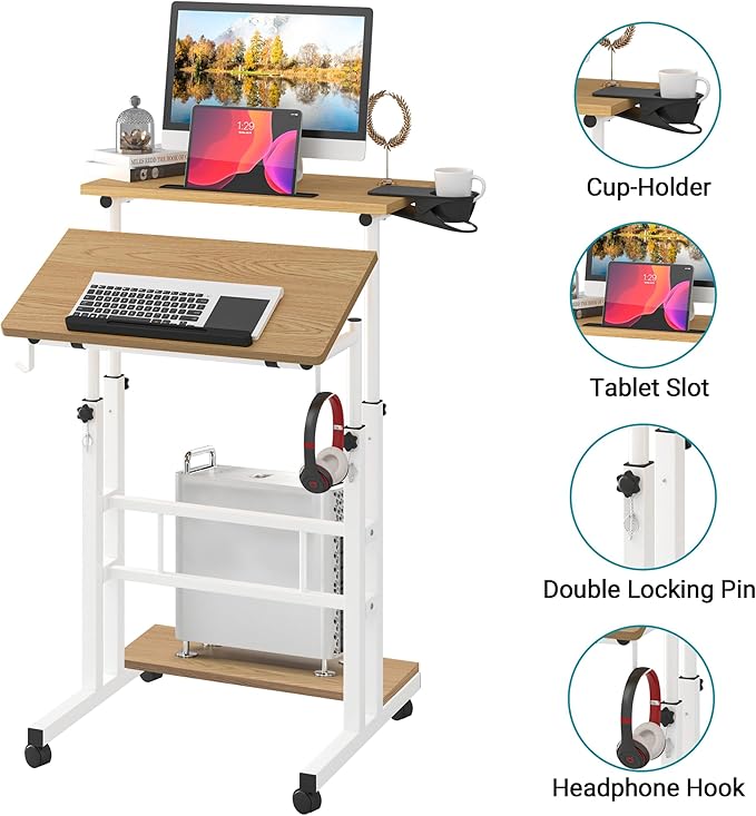Klvied Mobile Standing Desk with Storage Bottom Shelf, Portable Stand Up Desk with Cup Holder, Adjustable Height Small Standing Desk, Rolling Desk with Wheels, Home Office Laptop Cart, Khaki