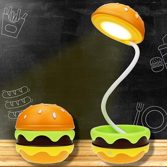 Cute Desk Lamp for Kids, Rechargeable Hamburger Small Desk Lamps with Adjustable Neck Dimmable Touch Switch, Nursery Night Lights, Kawaii Desk Accessories, Kawaii Room Decor for Boys Girls Gifts