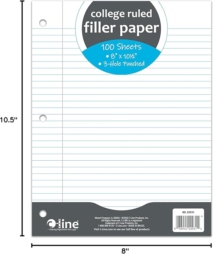 C-Line Filler Paper, College Ruled, White, 100 Sheets, (22031)