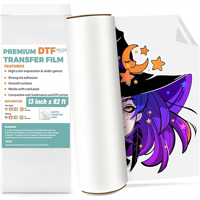 KASYU DTF Transfer Film Roll, A3 13" x 82ft Glossy Direct to Film for All Sublimation&DTF Printers,DTF Film for Sublimation Hack,Upgraded DTF Paper for All Color Fabric