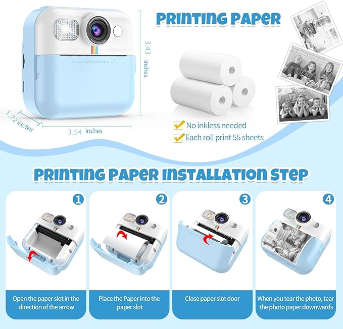 Kid Camera for Boys,Portable Toddler Blue Printing Camera Toy 1080P Video Cameras Children Instant Print Camera for Kids 3 Print Paper & 32G Card Christmas Birthday Gifts(Blue)