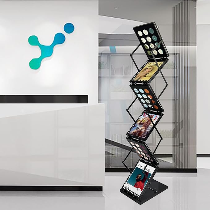 6 Pockets Foldable Magazine Rack, Pop up Brochure Display Stand, Catalog Literature Rack with Carrying Bag, Metal Magazine Display for Trade Show Office, A4 Size