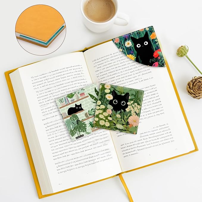 Cute Black Cat Floral Corner Bookmarks, Funny Leather Book Accessories for Book Lovers, 3 Pcs Reading Book Page Markers for Women Men Student Teacher Girls Boys Kids Retirement Birthday Gifts