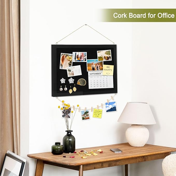 Double-Sided Black Cork Board with Linen, 16" x 12" Hanging Wood Framed Small Bulletin Board, Picture Display Vision Board Kit Corkboards for Wall Room School Office Decor, 20 Pushpins