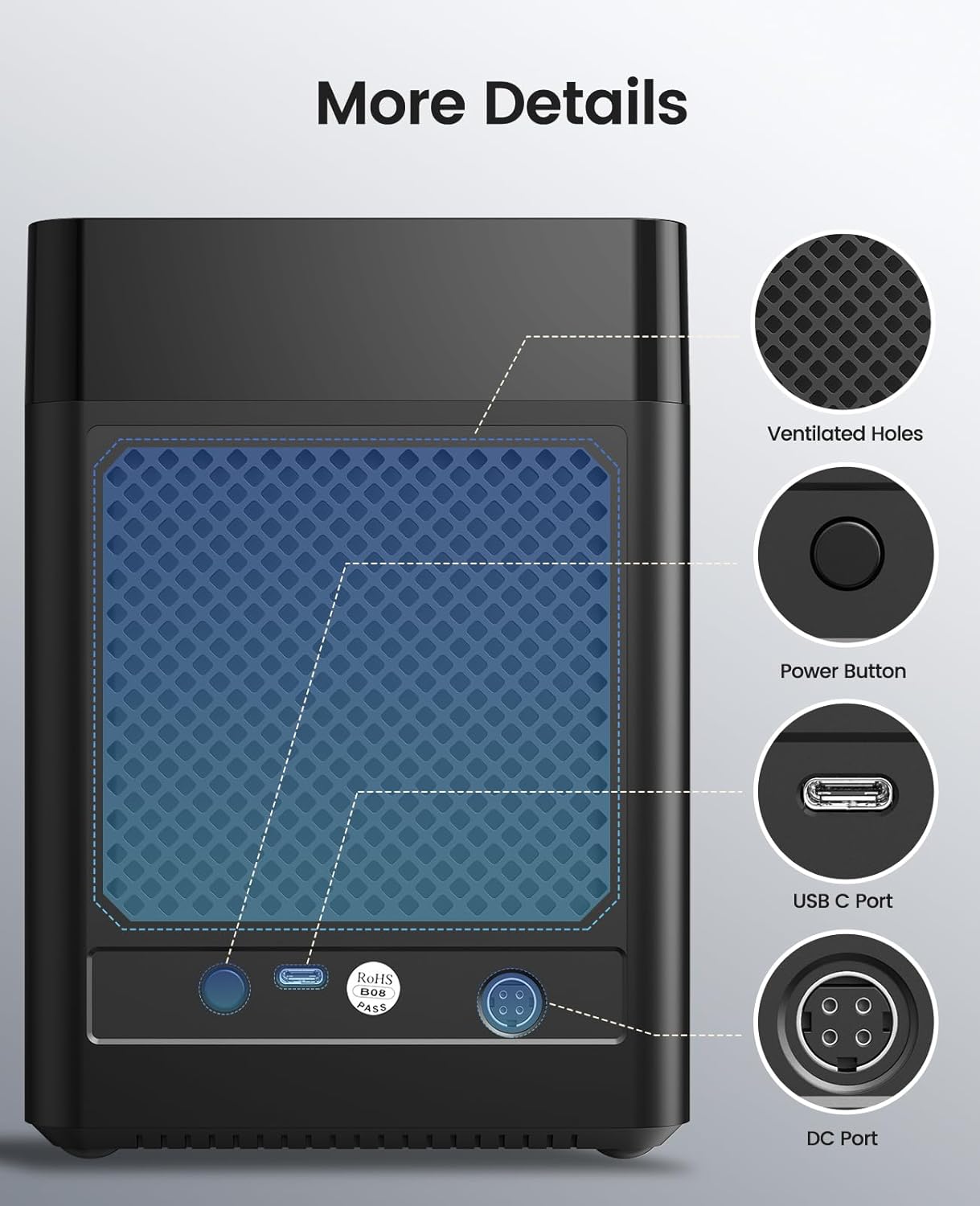 ORICO 5 Bay 3.5 Inch Hard Drive Enclosure USB C to SATA Magnetic Tool-Free External HDD Enclosure with 12V/6.5A Power Adapter for Family Storage Expansion Up to 90TB(5x18) - DS500C3