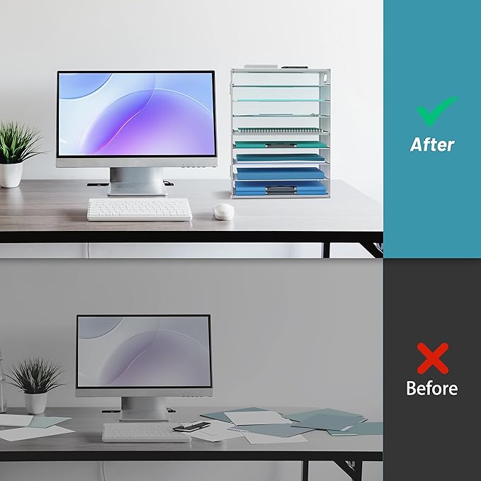 DALTACK 9-Tier Paper Letter Tray Desk Organizer with Handles, Mesh File Holder Organization, Paper Sorter Desk Organizer for Office Home School, White