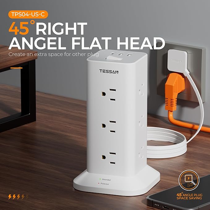 Surge Protector Power Strip Tower, TESSAN 15 ft Flat Extension Cord Surge Protection 900J with 12 AC Outlets and 3 USB (1 USB C), Multiple Charging Station for Office Supplies, Dorm Room, Home, White