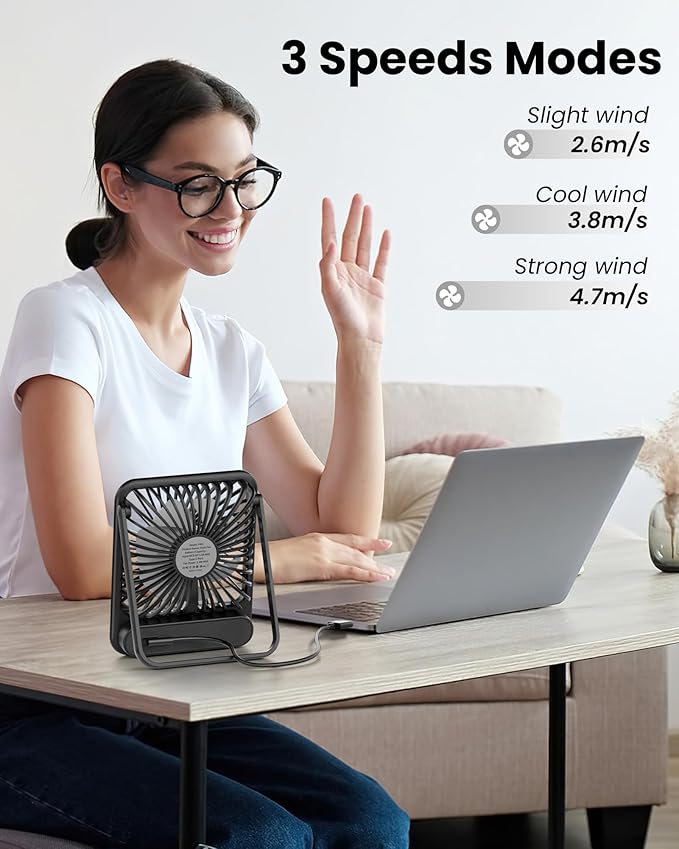 Koonie USB Desk Fan, Strong Wind Ultra Quiet Small Personal Fan with 180° Tilt Folding and 3 Speeds Adjustable, USB-C Corded Powered Mini USB Fan for Office Desktop Bedroom, 5in