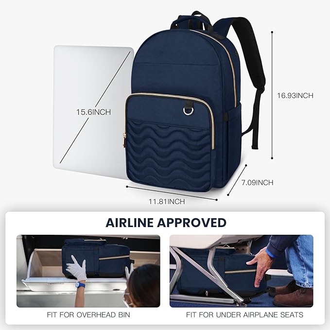 Travel Laptop Backpack for women, Work Backpack Woman with USB Charging Port, Water Resistant College Backpack, Stylish Quilted Girls Backpack Casual Daypack for 15.6 Inch Laptop, Navy