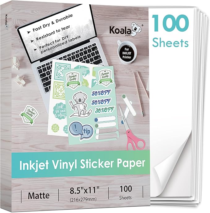 Koala Printable Vinyl Sticker Paper for Inkjet Printer - 100 Sheets Sticker Printer Paper Matte White, Waterproof Sticker Paper 8.5x11 Inch, Work with Cutting Machine