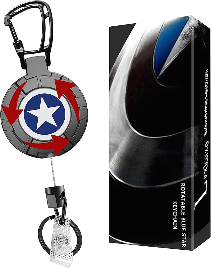 Rotating Blue Star Faceplate Badge Reel with Retractable Steel Wire Keychain, Heavy Duty Carabiner Holder, Ideal for Key & Card Storage Gift for Men