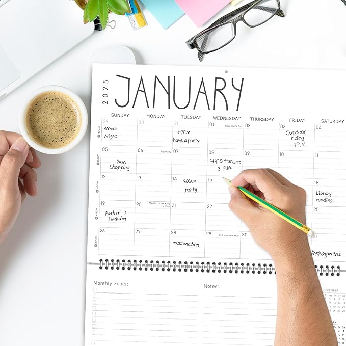 GuassLee Wall Calendar 2025-12 Months Hanging Wall Calendar from Jan. 2025 to Dec. 2025, 14.5" x 11" At a Glance Monthly Planner with Goals & Note for Office School Home Organizer, Double-sided