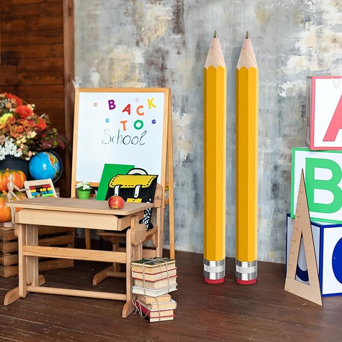2 Pack Wooden Jumbo Pencil for Prop Gifts Decor 14 Inch Funny Big Novelty Pencil with Cap Yellow