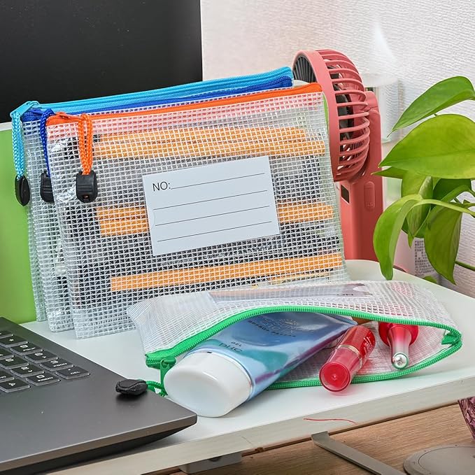 AUSTARK Plastic Mesh Zipper Pouch, 12Pcs Zipper File Bags with Label Pocket, Game Boards Storage Bags, Waterproof Document Storage Bags for Office Home Travel (B6 Size 7.6x5.3 in)