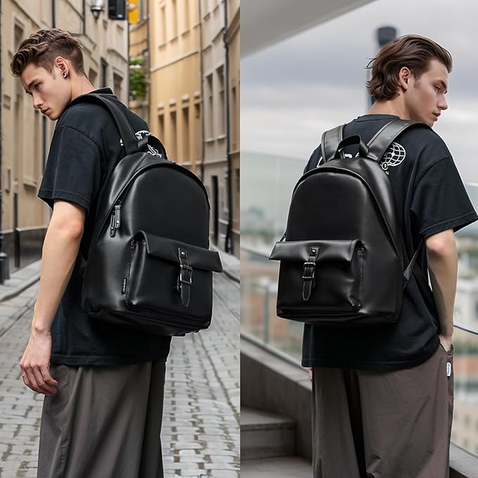 Black Leather Backpack For Men Waterproof Carry On BackPack Large Rucksack Fit 16-inch Laptop Hiking Daypack Travel Sport College Backpack