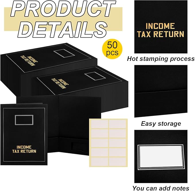 Kisston 50 Pcs Tax Return Folders Bulk 2 Pocket Gold Foil Stamped Income Tax Folders with Blank Labels Business File Office Organizer (Black)