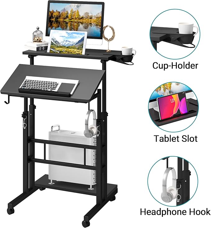 Klvied Mobile Standing Desk with Storage Bottom Shelf, Portable Stand Up Desk with Cup Holder, Adjustable Height Small Standing Desk, Rolling Desk with Wheels, Home Office Laptop Cart, Black